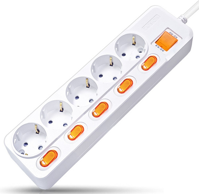 개별스위치 멀티탭 KC인증 접지 과부하차단 2800W 절전 콘센트 5구 멀티탭, 화이트(빨간스위치), 1개, 3m