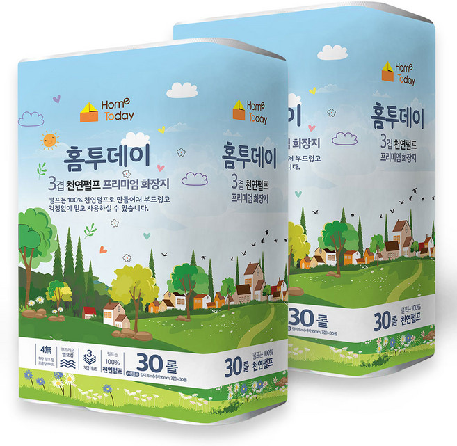 1+1 [100% 천연펄프] 홈투데이 3겹데코 화장지 30롤+30롤, 15m, 30개입, 2개