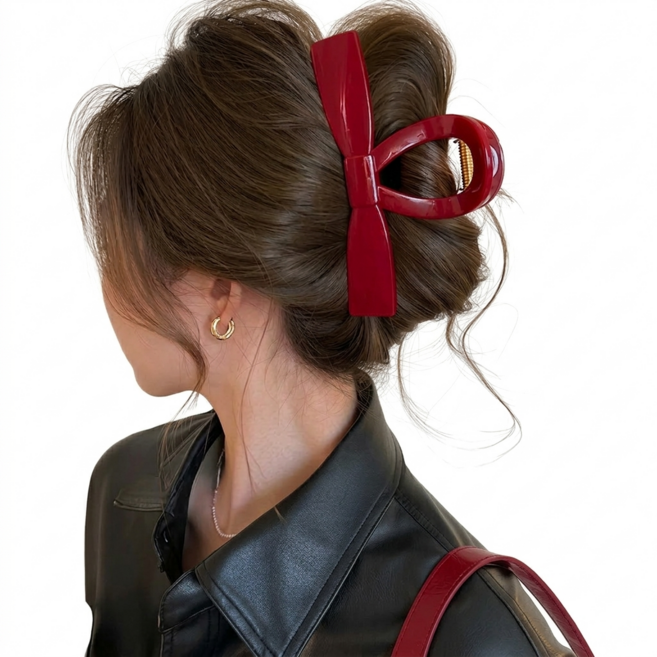 쥬띠크 리본 대왕 올림머리 큰 집게 헤어핀, 1개, 캔디레드