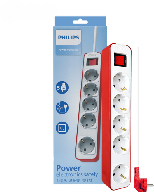 필립스 멀티탭 4000W 컬러탭 5구 과부하차단, 레드 5구, 2M, 1개, 레드 CHP2155RA, 2m
