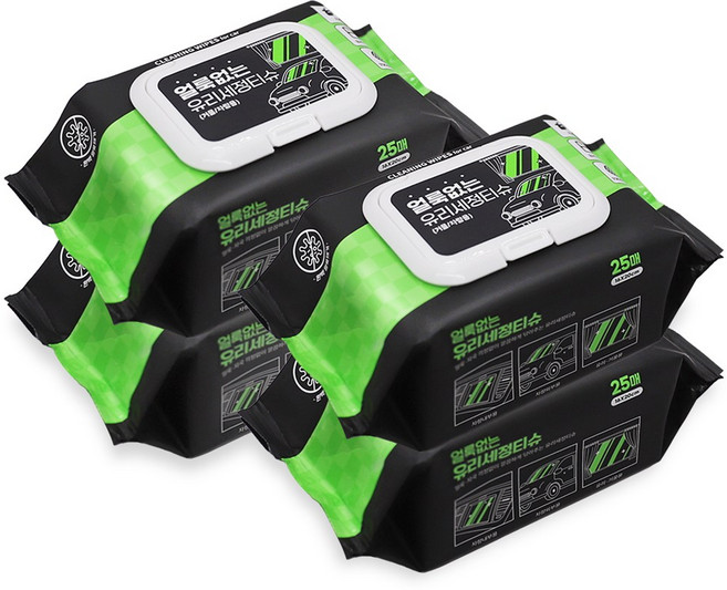 얼룩없는 차량용 물티슈 자동차 유리세정티슈, 4개, 25개