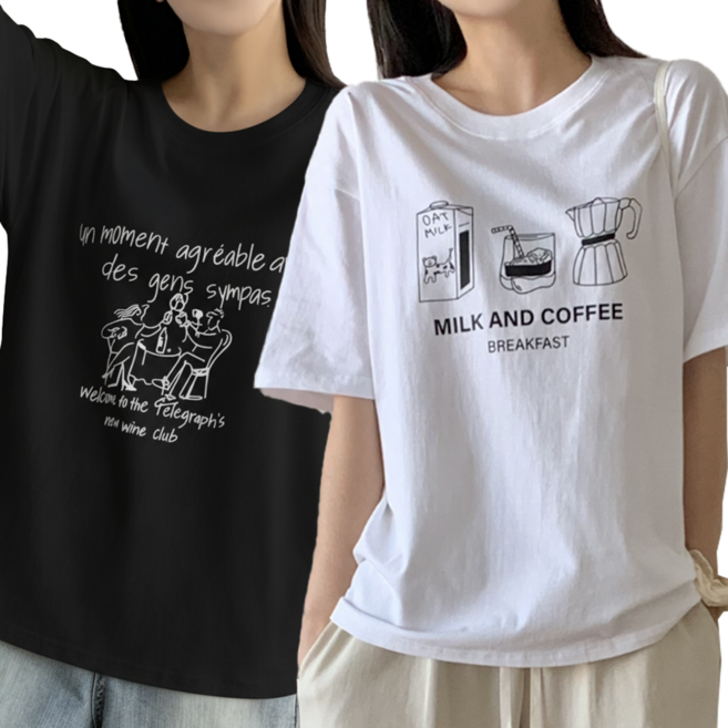 아이니 여성 면100% 반팔 라운드 티셔츠 2p