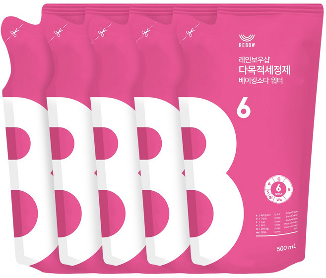 리보우 다목적세정제 베이킹소다 워터 리필 5개, 1세트, 2.5L