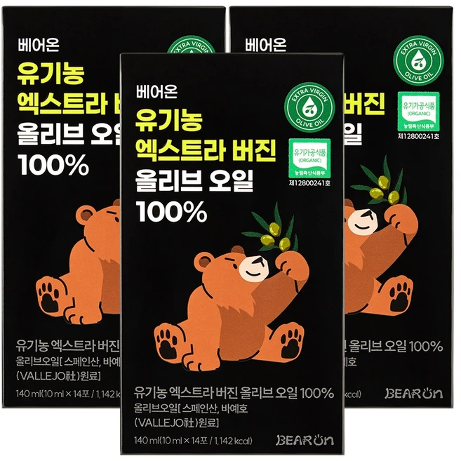베어온 저산도 0.1 상위 1% 유기농 프리미엄 엑스트라버전 올리브오일 스틱 무방부제 무보존제, 3개, 140ml - 쿠팡