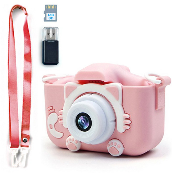 키비 큐티 키즈 카메라 선물 풀패키지 세트 (16G SD카드+카드리더기+실리콘케이스+목걸이스트랩+USB케이블), 1개, 핑크캣