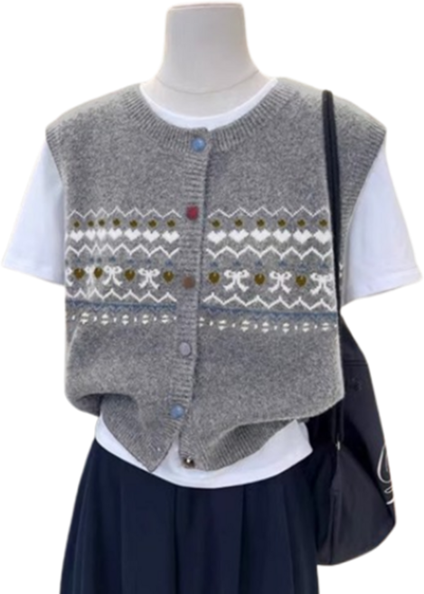 스윗하우스리 여성 여자 라운드넥 니트 패턴 조끼 베스트