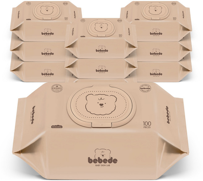 베베드 물티슈 아기곰 캡형 대용량 엠보싱 저자극 아기물티슈 100매 10팩, 10개, 50g