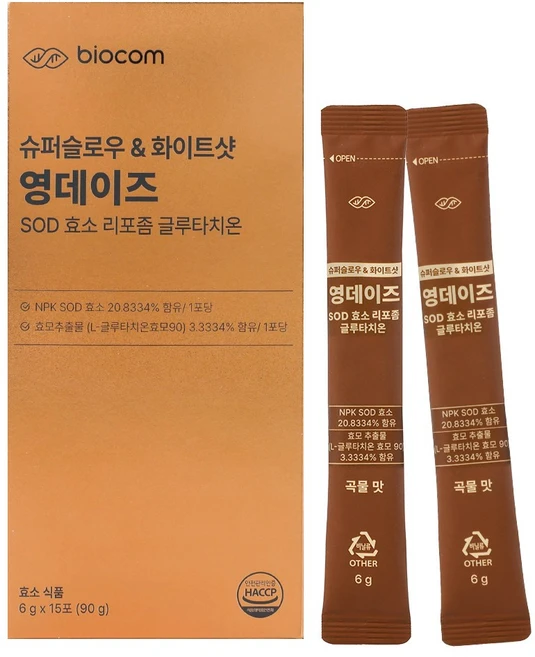 바이오컴 영데이즈 저속노화 SOD효소 리포좀 글루타치온 항산화 영양제 15포, 4개, 90g - 쿠팡