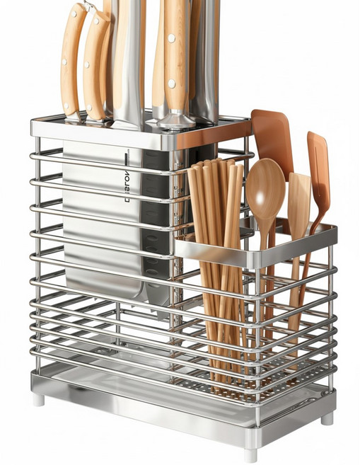 하루모리 주방위생 올스텐 칼꽂이수저통 물빠짐보관통, 1개, 라이트실버