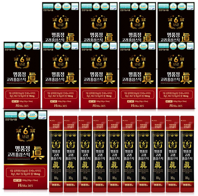 명품정 6년근 고려 홍삼 스틱 진 실속형 1포당 진세노사이드 18mg, 10g, 100개