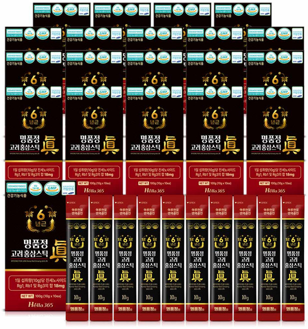 명품정 6년근 고려 홍삼 스틱 진 실속형 1포당 진세노사이드 18mg, 10g, 200개