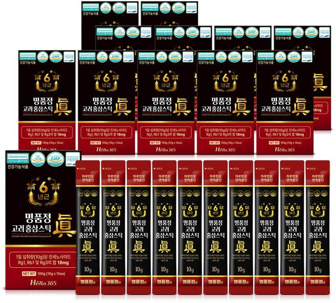 명품정 6년근 고려 홍삼 스틱 진 실속형 1포당 진세노사이드 18mg, 10g, 120개