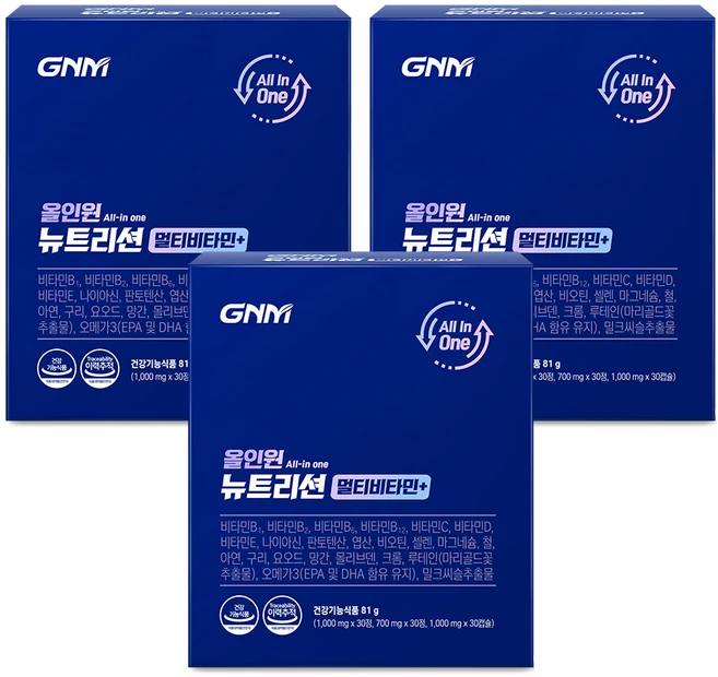 [한판에 20종 멀티비타민+밀크씨슬+루테인+알티지오메가3] GNM 올인원 뉴트리션 멀티비타민 / 비오틴 비타민BCD 아연 마그네슘, 30회분, 3개 - 쿠팡