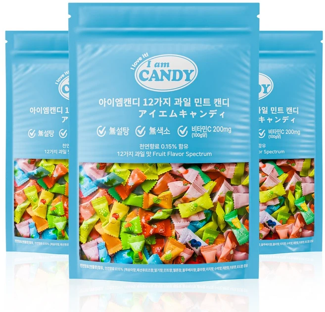 아이엠캔디 무설탕 사탕 12가지 과일 민트 캔디 비타민C 200mg 함유, 3개, 100g - 쿠팡