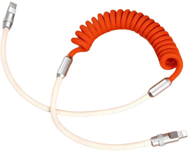 아이폰 120W 고속 충전 C타입 to 애플 8핀 라이트닝 스프링 코일 케이블, 1개, 오렌지화이트, 65cm