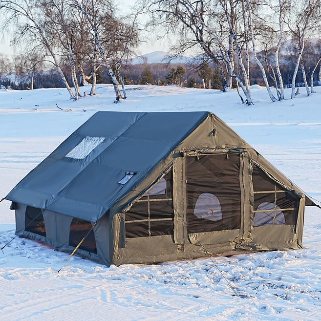 4-8인용 인플레이터블 캠핑 텐트 - 퀵설치 에어텐트 4계절 방수 휴대용 아웃도어 텐트 (스토브 잭 포함) 메쉬 창문 & 도어 초대형 캐노피 리빙룸 설계로 캠핑 및 야외 활동, 12 square meters, 카키색