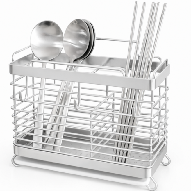 바이이레 무타공 스테인리스 3구 물빠짐 수저통, 1개, 실버