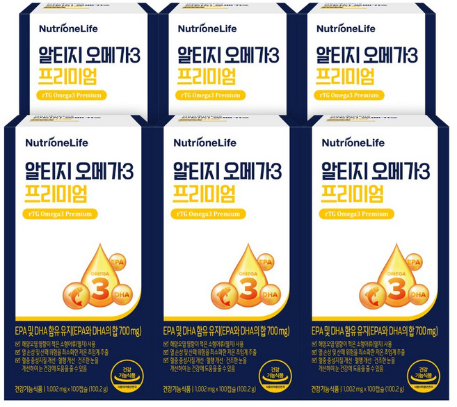 [본사출고] 뉴트리원 알티지 오메가3 프리미엄 혈행건강 rTG EPA DHA 쇼핑백 선물세트, 6개, 30정