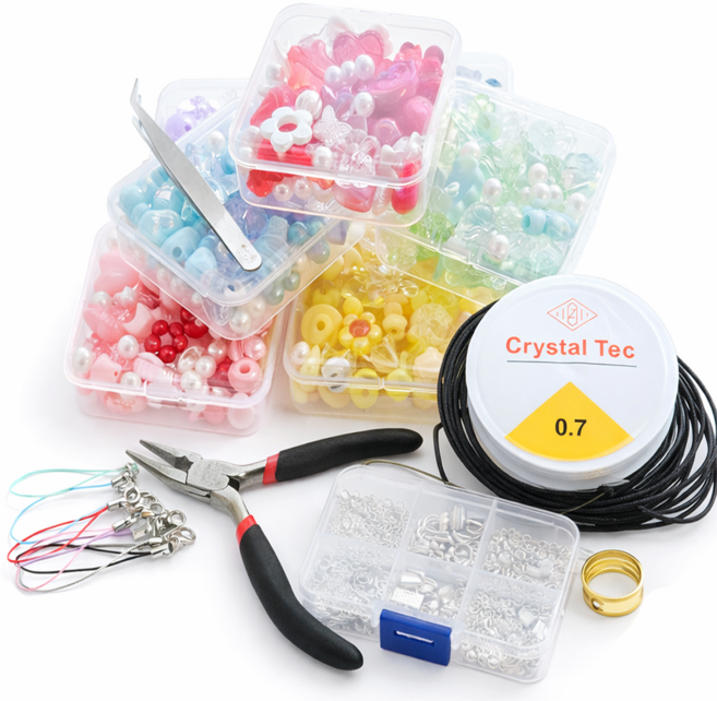 7컬러 비즈공예 DIY 키링 만들기 세트 볼펜 꾸미기 악세사리 제작 키트, 1세트, 올인원부자재 컬러비즈키트