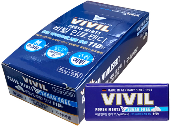 약국용 비빌 민트 캔디 8개(110T X 8개) 무설탕 구취예방, 8개, 25.5g