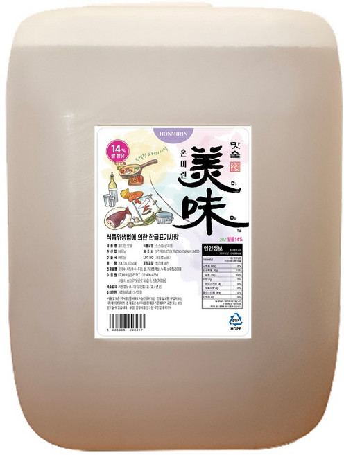 더샵 미림 20L 대용량 쌀발효 맛술 혼미린 미미 쌀14% 알콜14% 요리주, 1개