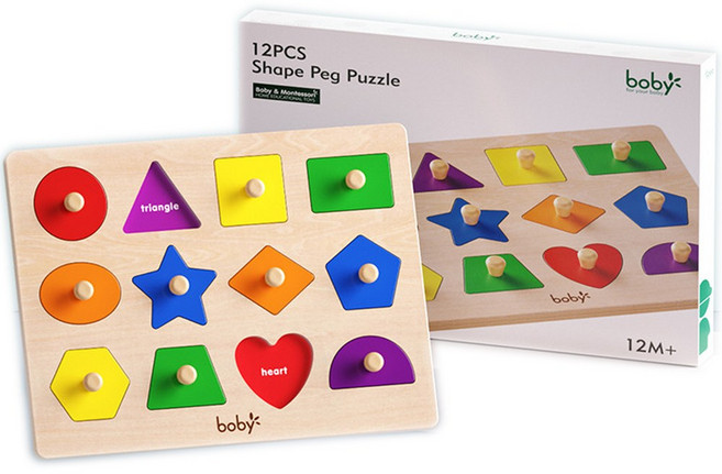 정품 boby 몬테소리 꼭지 퍼즐 원목 교구 도형 모양 매칭 맞추기 베이비 토들러 소근육 발달 원목 장난감, 4) 12가지 모양 매칭 퍼즐, 1개