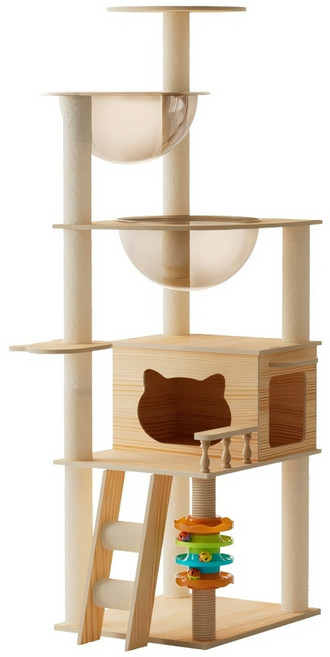 Pawprint 원목 캣타워 대형 소형 고양이 캣타워 우주선 아크릴 투명 캣하우스 다기능 고양이 놀이 공간 다묘가정 초보집사 먼치킨 성인묘 거실 원룸 실내용 다양한 고양이 활동에, 1개