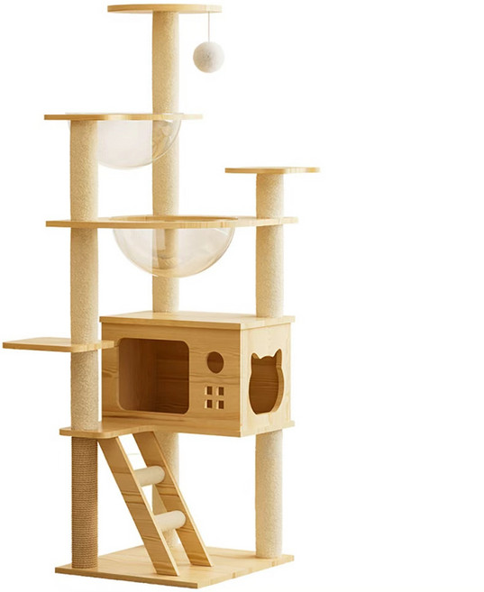 Pawprint 나무 캣타워 우드톤 투명아크릴 우주선캡슐 다기능일체형 넓은고양이굴 견고무흔들 설치간편 소형주택 거실 고양이놀이구역 다묘가정 초보집사 소형고양이용, 나무 색상, 1개
