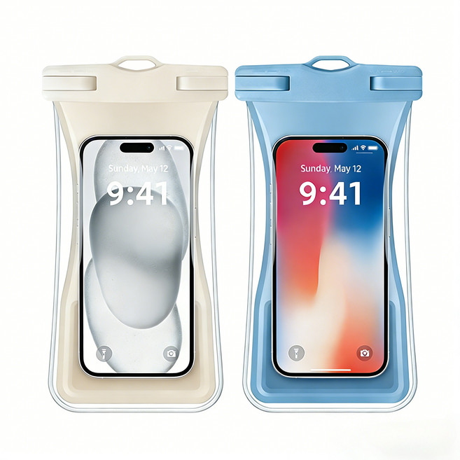 Ceasikery IPX8 tpu 에어백 핸드폰 방수팩 1+1+끈, 1세트, 베이지+푸른 색