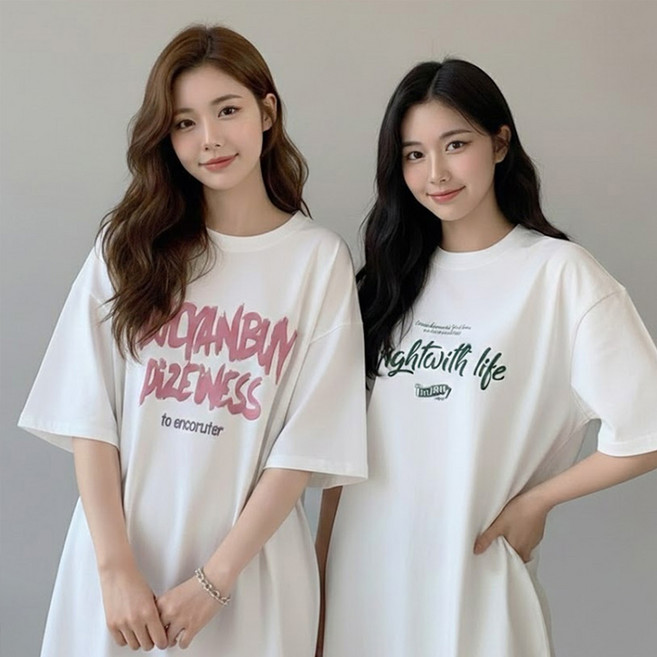 데일로엔 여성 포인트 레터링 오버핏 반팔 이너 티셔츠 2P 세트