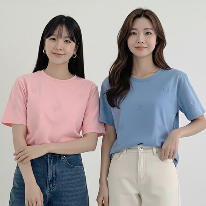 데일로엔 여성 여름 오버핏 하트 자수 포인트 반팔티 2P 세트