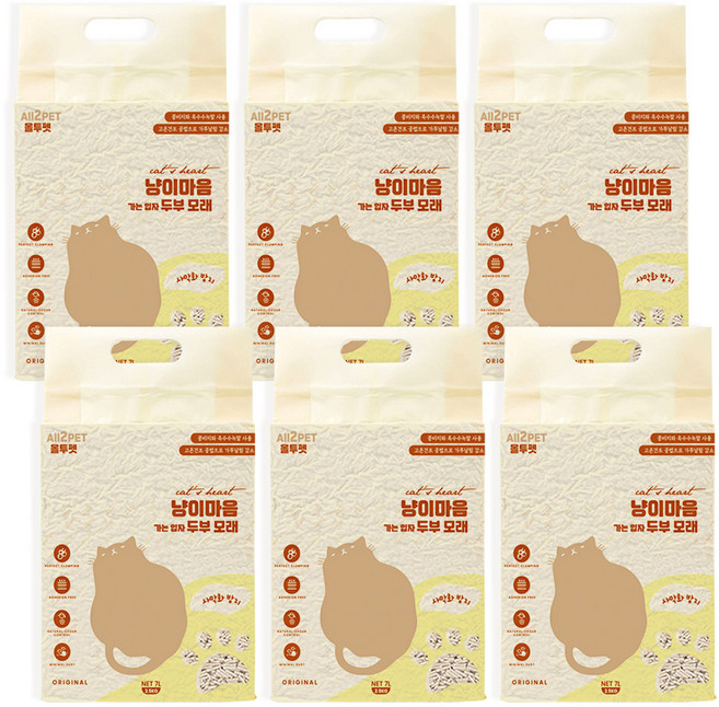 올투펫 고양이 가는입자 두부모래 무향/녹차 7L 2.5kg x 6개, 오리지날