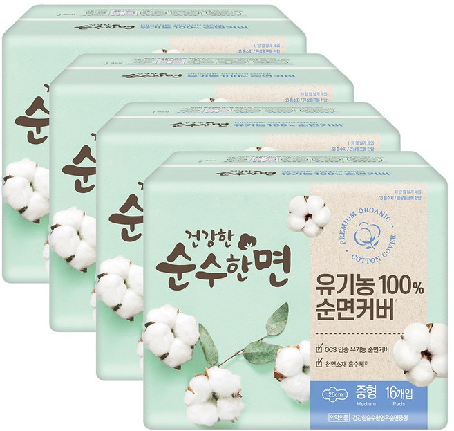 순수한면 건강한 생리대 날개형, 중형, 16매입, 4개