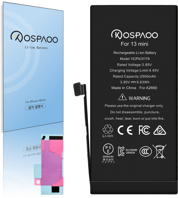 For iPhone 13 mini 배터리 대용량2500mAh 증가 폭3.9% A2660배터리 한국어 설명서 KC인증 Li-ion Battery (No Tool), 3개, iPhone 13 mini 배터리，분해 도구 없음
