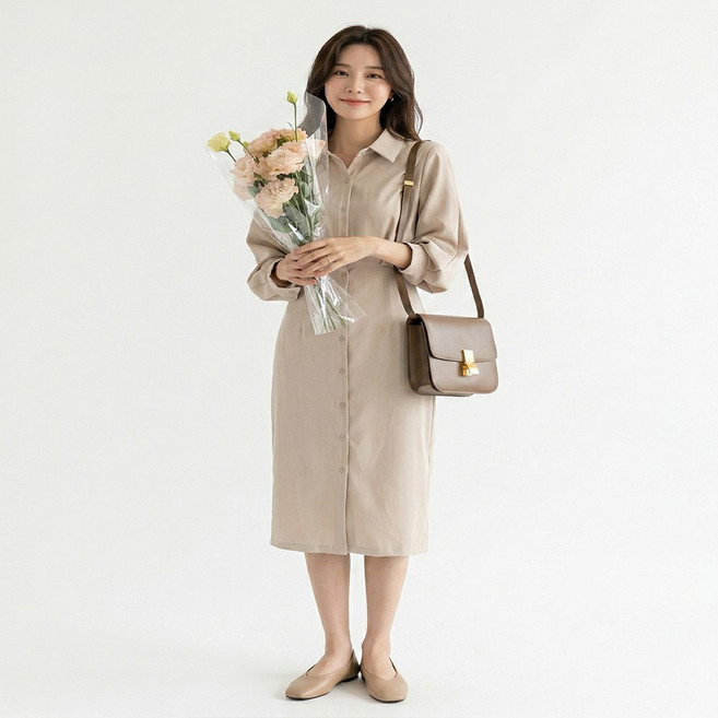 동방 여성 여자 셔츠형 카라 롱 프렌치 기본 슬림 원피스