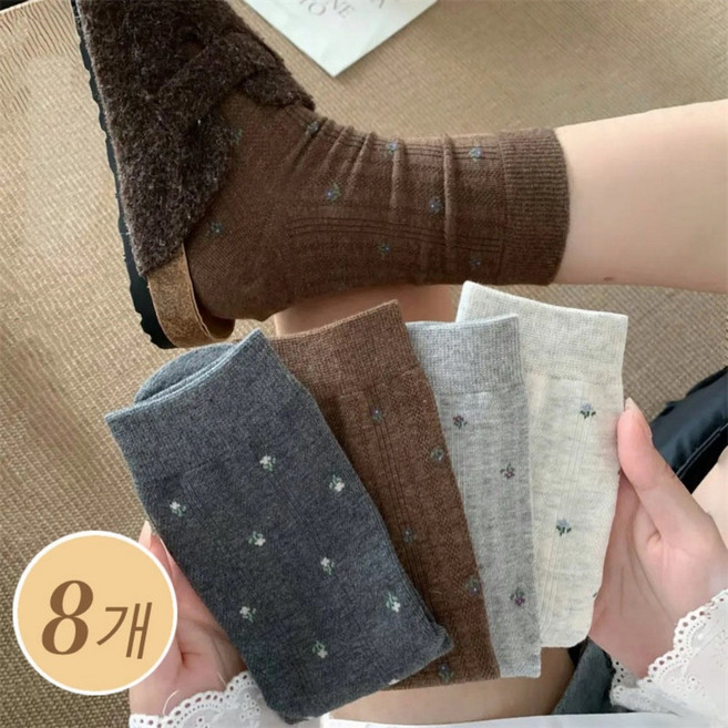 POMTOR 사계절용 여성 플라워 데일리 무봉제 중목 양말 8켤레