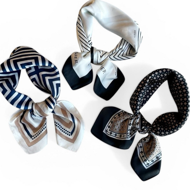 바이제이알 여성 모던 쁘띠 사각스카프 70x70 3종 세트 스카프링 포함 여성스카프 목스카프 간절기 데일리 코디