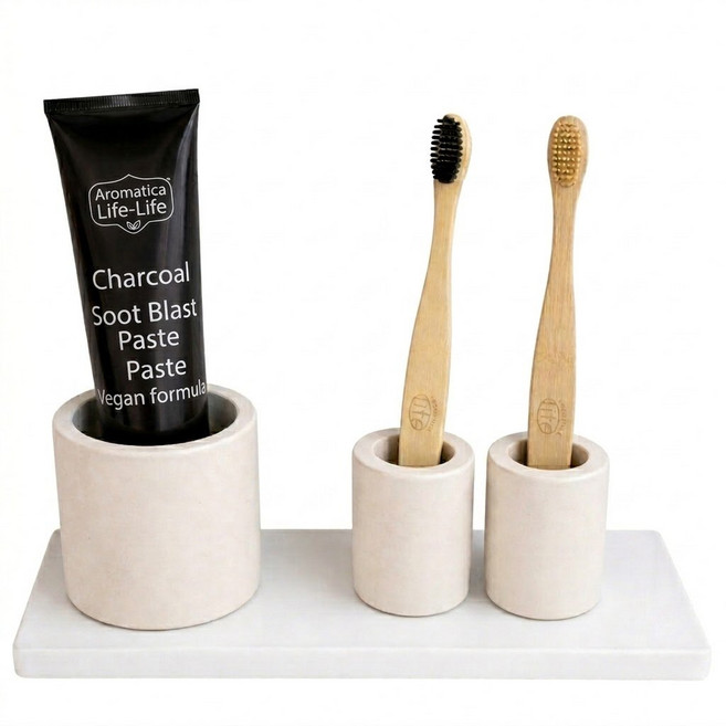 딜라이트홈 규조토칫솔홀더2개&치약홀더1개&트레이 칫솔꽂이 양치정리, 1세트, 아이보리