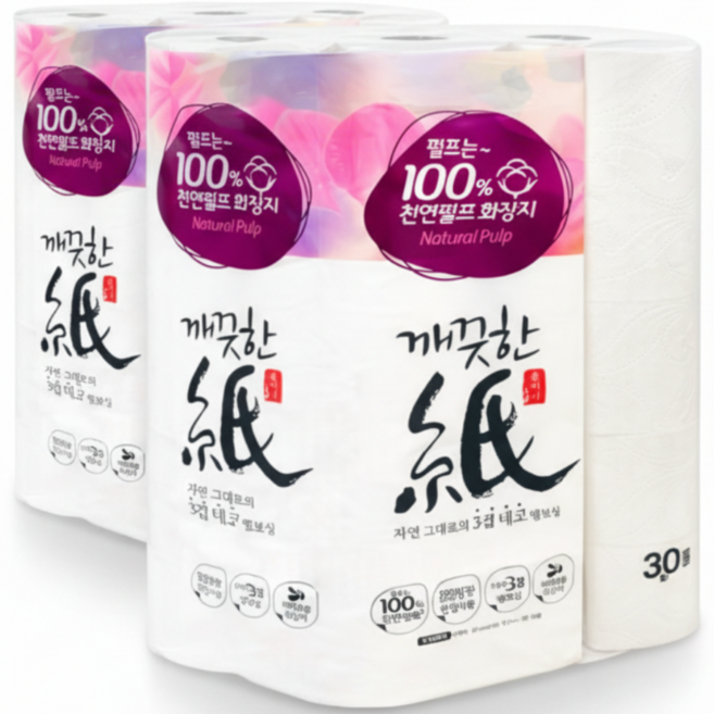 깨끗한지 먼지없는 친환경 천연펄프 엠보싱 3겹 화장지, 2개, 30개입, 27m