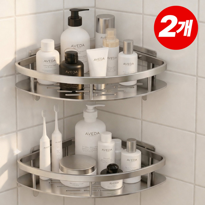 드나인 초강력 무타공 코너형 욕실 선반 [1+1], 실버, 2개