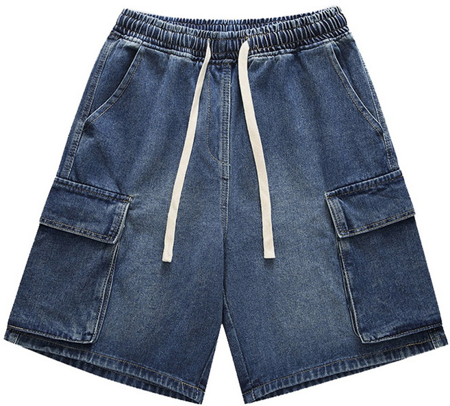 루크 남성 카고 밴딩 버뮤다 데님 팬츠 힙한 스트리트 스타일 코디 데일리 편안한 워싱 스트링 반바지 빅사이즈 빅포켓 하의