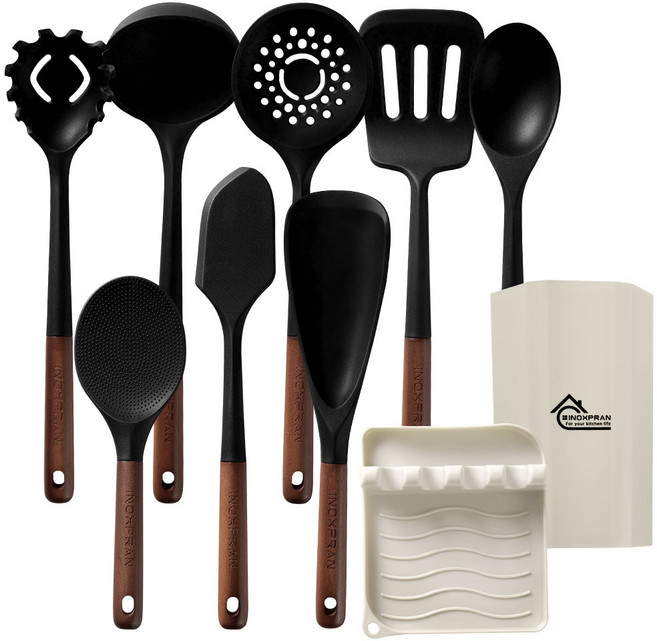 파르셀 프리미엄 실리콘 조리도구 키친툴 세트 월넛 우드핸들, 1세트, 블랙, 조리도구 10종