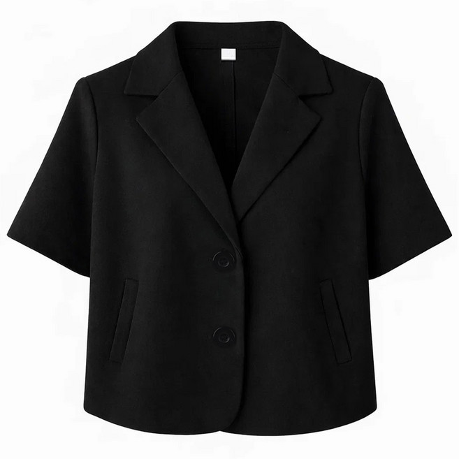 라뷰드 여성 여름 싱글 세미 크롭 반팔 자켓 여자 봄가을 여름 정장 루즈핏 카라 아우터 시원한 데일리 캐주얼 페이크 포켓 겉옷