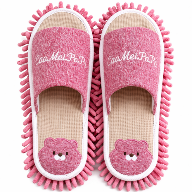 여성용 극세사 곰돌이 청소슬리퍼 걸레실내화 베이지, 1개