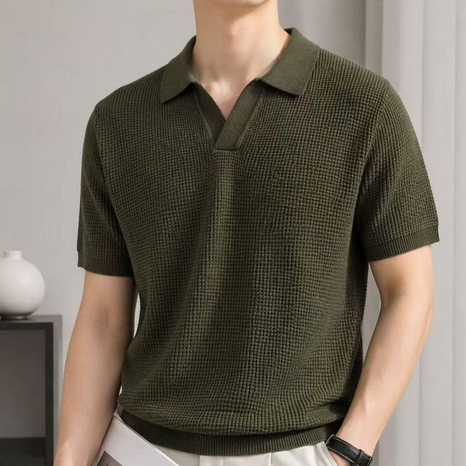 J nd O남성 여름 시원한 비스코스 오픈카라 반팔 니트