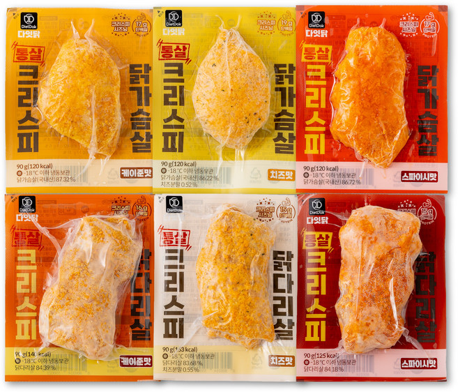 다잇닭 통살 크리스피 치킨, 90g, 닭가슴살+닭다리살 6종 혼합 12팩