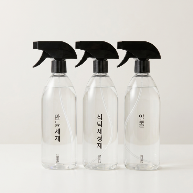투명 원형 공병 다용도 분무기 500ML x 3개 + 라벨스티커 1세트 블랙 건스프레이, 투명 원형 공병 500ML x 3개 + 라벨스티커
