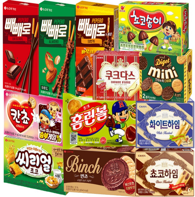 안녕골목마켓 곽과자 세트 빼빼로 홈런볼 빈츠 다이제미니 쿠크다스 쵸코하임 화이트하임 씨리얼 칸쵸 초코송이과자 세트 1호, 빼빼로+홈런볼+빈츠+다이제미니+쿠크다스+쵸코하임+화이트하임+씨리얼+칸쵸+초코송이, 2세트