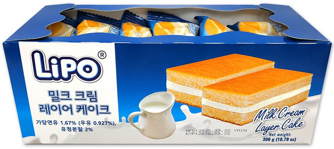 LIPO 리포 밀크 크림 레이어 케이크 개별포장 케익, 1개, 306g