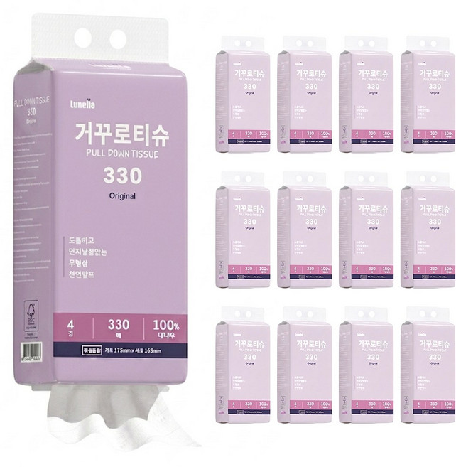 루넬 거꾸로티슈 330 대용량 프리미엄 대나무 화장지 저먼지 4겹 벽걸이형 휴지, 12개, 330매입